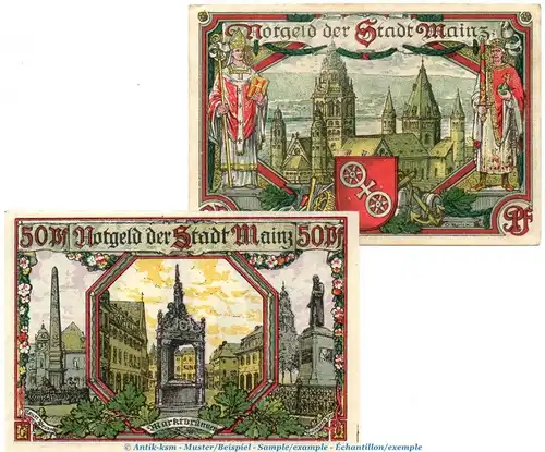 Notgeld Stadt Mainz 860.1 , Set mit 2 Scheinen in kfr. von 1921 , Rheinlad  Seriennotgeld