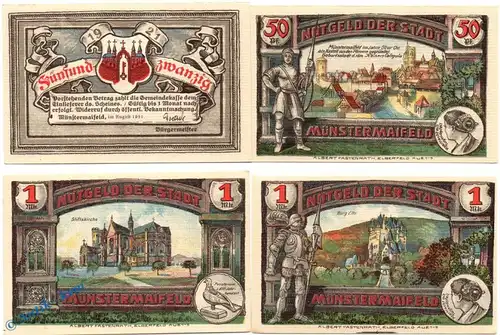 Notgeld Münstermaifeld , Set mit 4 Scheinen in kfr. Mehl Grabowski 916.1 , von 1921 , Rheinland Seriennotgeld