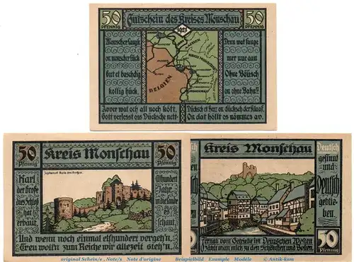 Notgeld Kreis Monschau 896.1 , Set mit 3 Scheinen in kfr. von 1921 , Rheinland Seriennotgeld