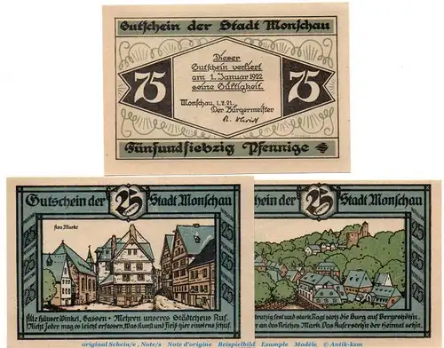 Notgeld Kreis Monschau 897.1 , Set mit 3 Scheinen in kfr. von 1921 , Rheinland Seriennotgeld