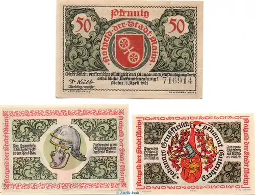 Notgeld Stadt Mainz 860.2.a , Set mit 3 Scheinen in kfr. von 1921 , Rheinland Pfalz Seriennotgeld
