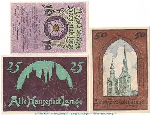 Notgeld Stadt Lemgo 789.2 , Set mit 3 Scheinen mit WZ in kfr. von 1921 , Westfalen Seriennotgeld