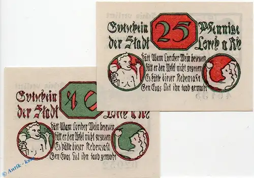 Notgeld Lorch , Set mit 2 Scheinen in kfr. Mehl Grabowski 815.1 , von 1920 , Hessen seriennotgeld