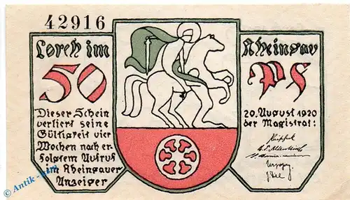 Notgeld Lorch , 50 Pfennig Schein in kfr. Mehl Grabowski 815.2 , von 1920 , Hessen Seriennotgeld