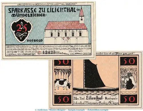 Notgeld Sparkasse Lilienthal 802.5 , Set mit 2 Scheinen Serie C in kfr. von 1921 , Niedersachsen Seriennotgeld