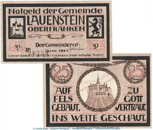 Notgeld Gemeinde Lauenstein 775.1 , Set mit 2 Scheinen in kfr. von 1921 , Bayern Seriennotgeld