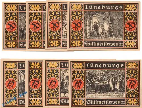 Notgeld Lüneburg , rot , Set mit 8 Scheinen in kfr. Mehl Grabowski 840.1 , von 1921 , Niedersachsen Seriennotgeld