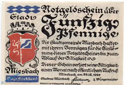 Notgeld Miesbach , 50 Pfennig Schein in kfr. Mehl Grabowski 888.1 , von 1920 , Bayern Seriennotgeld