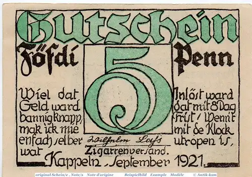 Notgeld Kappeln , 676.1 , Wilhelm Lass 50 Pfennig Schein in kfr. von 1921 , Schleswig Holstein Seriennotgeld