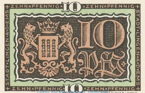 Notgeld Stadt Lingen 803.1 , 10 Pfennig Schein in kfr. o.D. Niedersachsen Sertiennotgeld