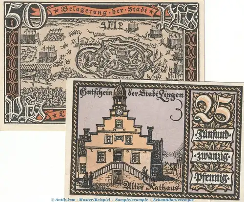Notgeld Stadt Lingen 803.2 , Set mit 2 Scheinen in kfr. von 1921 , Niedersachsen Seriennotgeld
