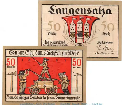 Notgeld der Feuerwehr Langensalza , 769.1 Set mit 2 Scheinen in kfr. von 1921 , Thüringen Seriennotgeld