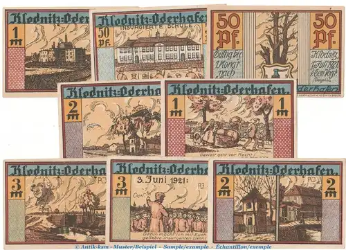 Notgeld Stadt Klodnitz 707.1 , Set mit 8 Scheinen in kfr. von 1921 , Oberschlesien Seriennotgeld