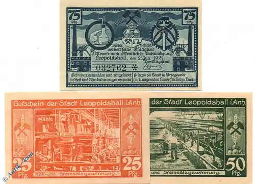 Notgeld Leopoldshall , Set mit 3 Scheinen , Serie 3 , Mehl Grabowski 794.3 , von 1921 , Sachsen Anhalt Seriennotgeld