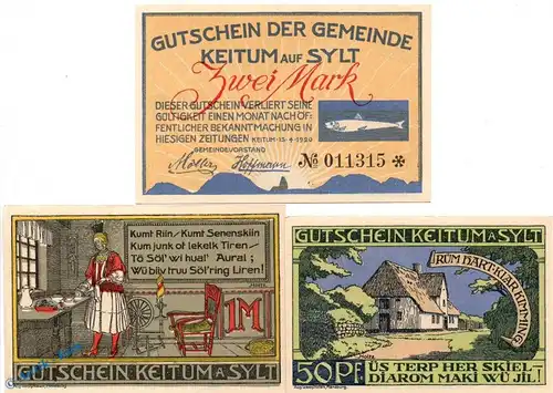 Notgeld Gemeinde Keitum Sylt 685.1 , Set mit 3 Scheinen in kfr. von 1920 , Schleswig Holstein Seriennotgeld