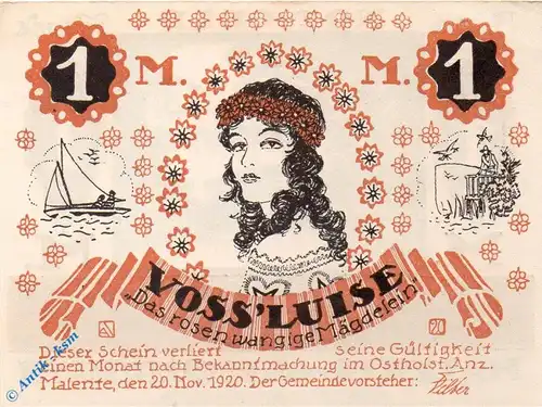 Notgeld Malente - Gremsmühlen , 1 Mark Schein , dick , Mehl Grabowski  864.2 , von 1920 , Schleswig Holstein Seriennotgeld
