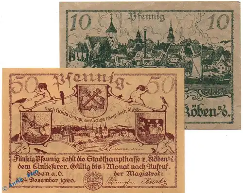 Notgeld Stadt Köben a.O. 714.1 , Set mit 2 Scheinen in kfr. von 1920 , Schlesien Seriennotgeld