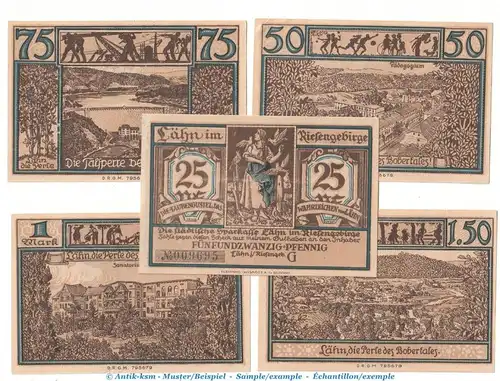 Notgeld Stadt Lähn 756.3.b , Taubengustel Set mit 5 Scheinen in kfr. o.D. , Schlesien Seriennotgeld