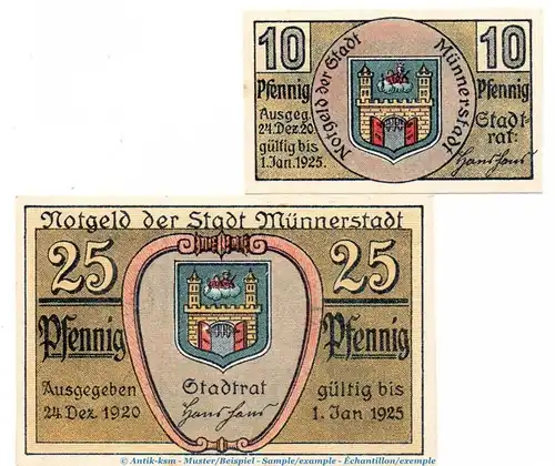 Notgeld Stadt Münnerstadt 912.3 , Set mit 2 Scheinen in kfr. von 1920 , Bayern Seriennotgeld