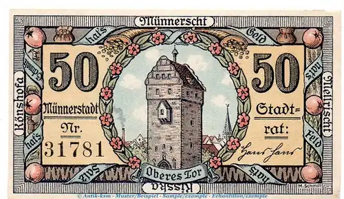 Notgeld Stadt Münnerstadt 912.5.a , 50 Pfennig Schein in kfr. von 1921 , Bayern Seriennotgeld
