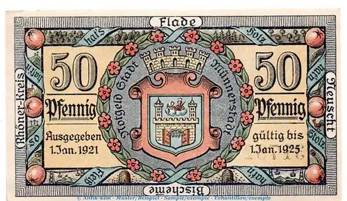 Notgeld Stadt Münnerstadt 912.4 , 50 Pfennig Schein o.Wz. in kfr. von 1921 , Bayern Seriennotgeld