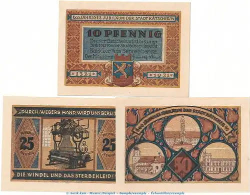 Notgeld Stadt Katscher 680.1 , Set mit 3 Scheinen -September- in kfr. von 1921 , Ober Schlesien Seriennotgeld