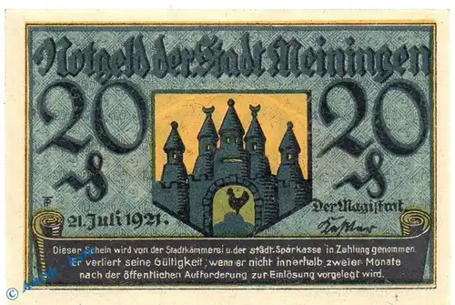 Notgeld Meiningen , 20 Pfennig Schein in kfr. Mehl Grabowski 877.3 , von 1921 , Thüringen Seriennotgeld