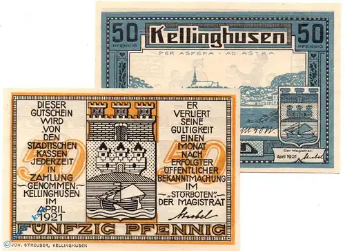 Notgeld Kellinghusen , Set mit 2 Scheinen , Mehl Grabowski 688.2 , von 1921 , Schleswig Holstein Seriennotgeld