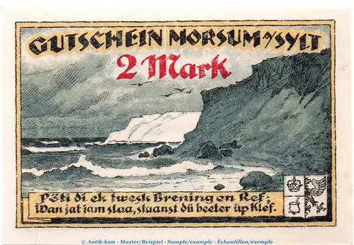 Notgeld Gemeinde Morsum - Sylt , 2 Mark Schein in kfr. von 1921 , Schleswig Holstein Seriennotgeld