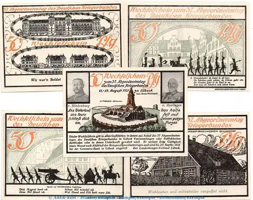 Notgeld Landeskriegerverband Lübeck 825.1 , Set mit 5 Scheinen in kfr. von 1921 , Schleswig Holstein Seriennotgeld