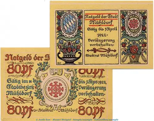 Notgeld Stadt Mühldorf 904.1 , Set mit 2 Scheinen in kfr. o.D. , Bayern Seriennotgeld