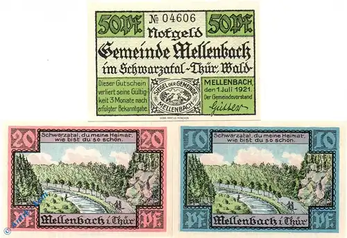 Notgeld Mellenbach , Set mit 3 Scheinen , Mehl Grabowski 880.1 a , von 1921 , Thüringen Seriennotgeld