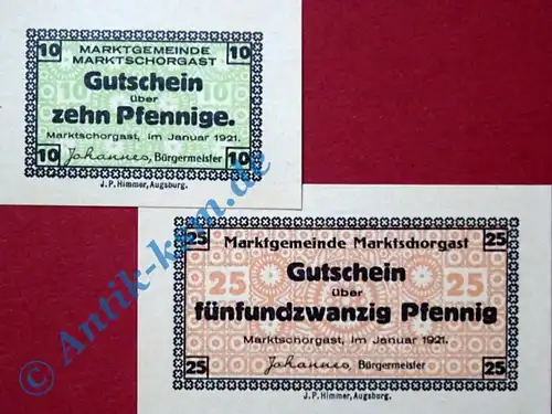 Notgeld Marktschorgast , vollständiger Satz mit 2 Scheinen , Mehl Grabowski 871.2 sämisch , von 1921 , Seriennotgeld Bayern