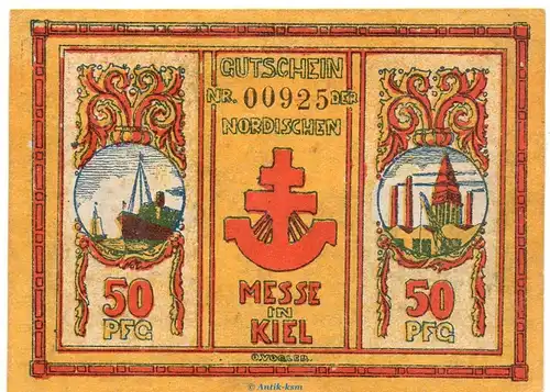 Notgeld Nordische Messe Kiel 698.1.c , 50 Pfennig Schein o. Raster in kfr. von 1921 , Schleswig Holstein Seriennotgeld 