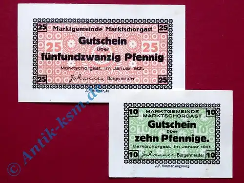 Notgeld Marktschorgast , vollständiger Satz mit 2 Scheinen , Mehl Grabowski 871.1 , von 1921 , Bayern Seriennotgeld