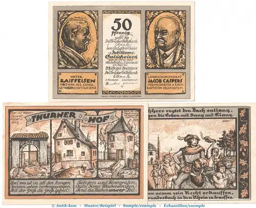 Notgeld Köln Delbrück 719.1.a , Set -gelb- mit 3 Scheinen in kfr. von 1921 ,  Westfalen Seriennotgeld