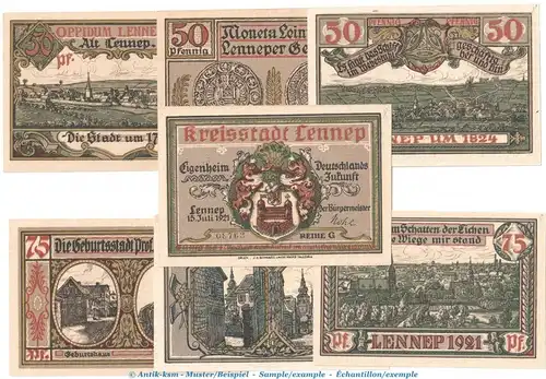 Notgeld Stadt Lennep 791.1 , Set mit 7 Scheinen in kfr. von 1921 , Westfalen Seriennotgeld