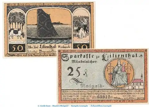 Notgeld Sparkasse Lilienthal 802.10 , Set mit 2 Scheinen Serie F in kfr. von 1921 , Niedersachsen Seriennotgeld