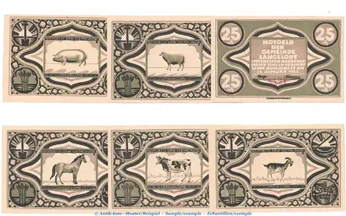 Notgeld Gemeinde Langelohe 765.2.a , Set sämisch mit 6 Scheinen in kfr. o.D. Schleswig Holstein Seriennotgeld