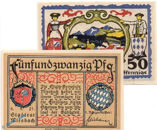 Notgeld Miesbach , 2 Set mit 2 Scheinen in kfr. Mehl Grabowski 888.1 und 2 , von 1920 und 21 , Bayern Seriennotgeld