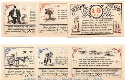 Notgeld Stadt Melle 879.1 , Set mit 6 Scheinen in kfr. von 1921 , Niedersachsen Seriennotgeld