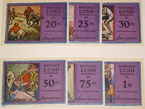 Notgeld Lund und Schobüll violettrosa , Set mit 6 Scheinen , Mehl Grabowski 844.2 b , Schleswig Holstein Serien Notgeld