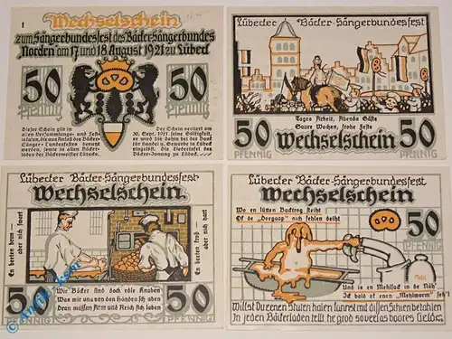 Notgeld Lübeck , Bäcker Sängerbund , Set mit 4 Scheinen , Mehl Grabowski 820.1 , Schleswig Holstein Serien Notgeld