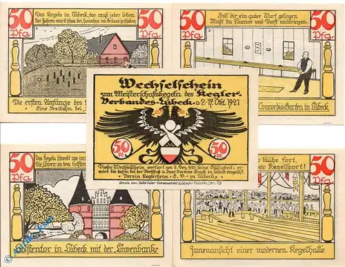 Notgeld Lübeck , Keglerheim , Set mit 5 Scheinen , Mehl Grabowski 833.1 , von 1921 , Schleswig Holstein Seriennotgeld