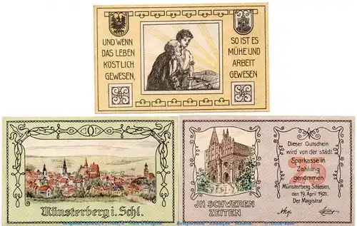 Notgeld Stadt Münsterberg 918.1 , Set mit 3 Scheinen in kfr. von 1921 , Schlesien Seriennotgeld
