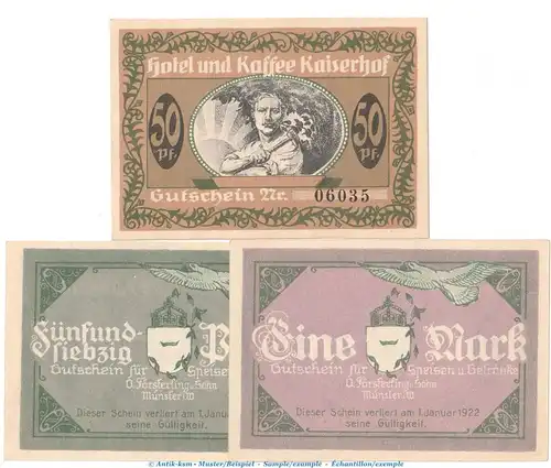 Notgeld Hotel Kaiserhof Münster 914.2.a , Set -ohne Serie- in kfr. o.d. Westfalen Seriennotgeld