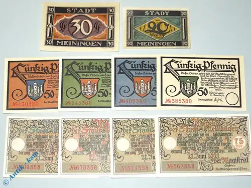 Notgeld Meiningen , 4 Sets mit 10 Scheinen , Mehl Grabowski 877.1 bis 4 , von 1921 , Thüringen Serien Notgeld
