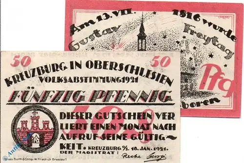 Notgeld Kreuzburg , Set mit 2 Scheinen , Kn links ,Mehl Grabowski 744.1 a und b , von 1921 , Schlesien Seriennotgeld