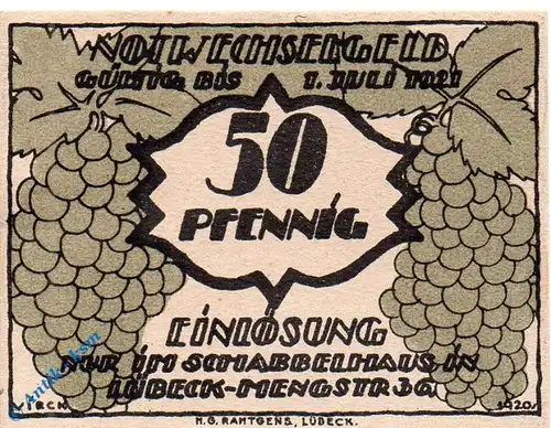 Notgeld Lübeck , Schabbelhaus , 50 Pfennig Schein kfr. Mehl Grabowski 830.1 , von 1921 , Schleswig Holstein Seriennotgeld