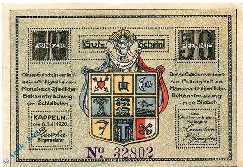 Notgeld Kappeln , 50 Pfennig Schein kfr , Kn violett , Mehl Grabowski 677.2 c , von 1920 , Schleswig Holstein Seriennotgeld